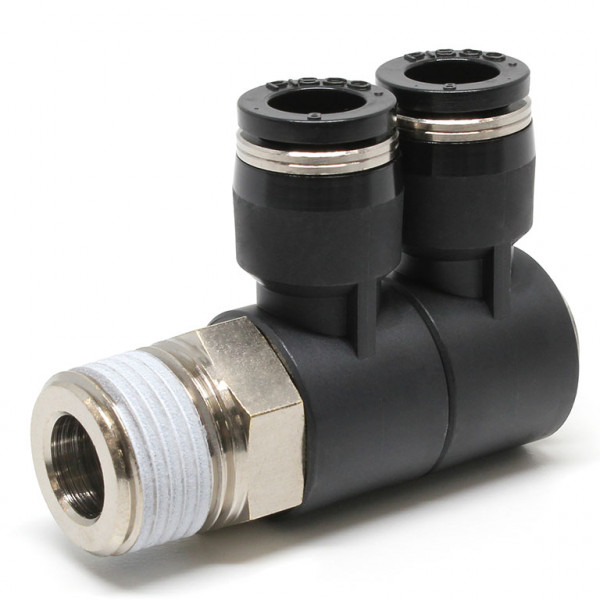 Đầu Nối Nhanh Khí Nén Hai Nhánh Cong 90° Thân Lục Giác Trụ Ren Ngoài Pisco PHW8-03-C