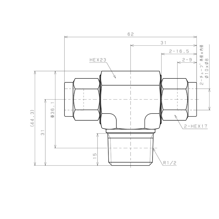 Bản vẽ kỹ thuật Đầu Ngạnh Nối Ống Có Đai Ốc Xiết Dạng Chữ T Ren Ngoài Pisco NSB1080-04