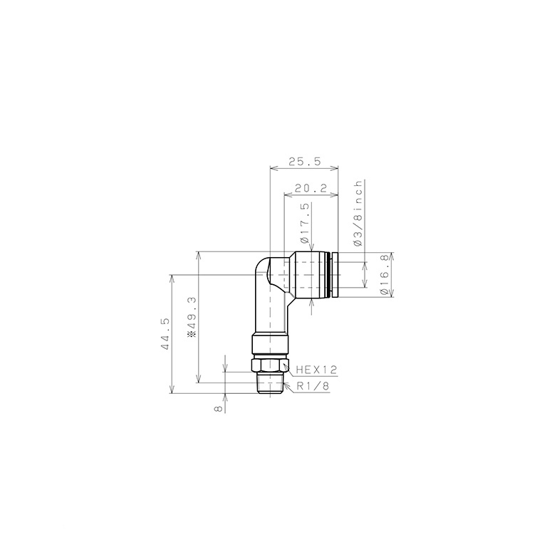 Bản vẽ kỹ thuật Đầu Nối Nhanh Khí Nén Dạng Cong 90° Ren Ngoài (Dài) Pisco PLL3/8-01-C