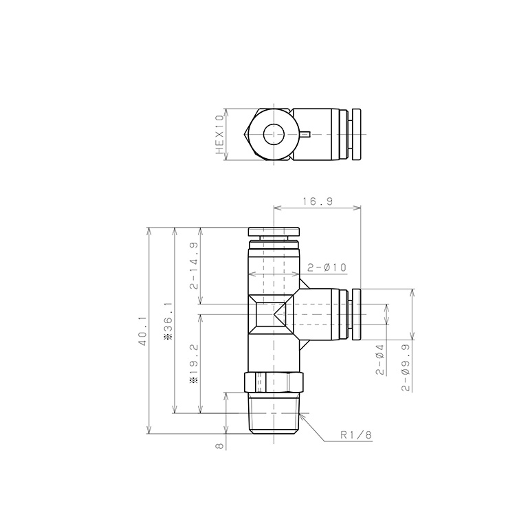Bản vẽ kỹ thuật Đầu Nối Nhanh Khí Nén Dạng Chữ T Ren Ngoài Pisco SPPD4-01
