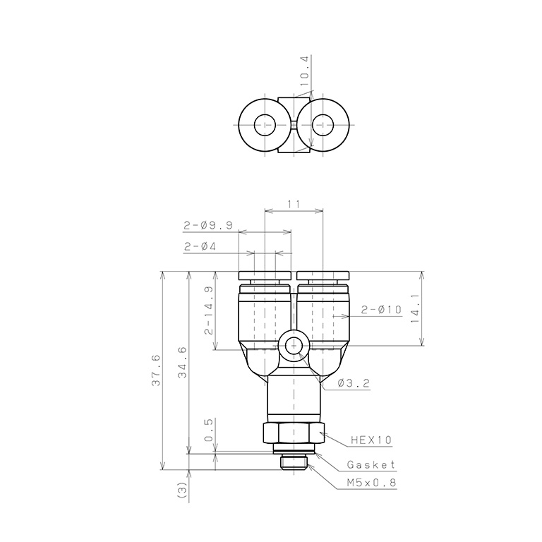 Bản vẽ kỹ thuật Đầu Nối Nhanh Khí Nén Dạng Chữ Y Ren Ngoài Pisco SPPX4-M5SP
