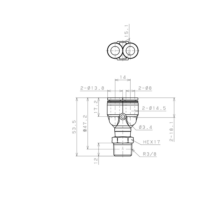 Bản vẽ kỹ thuật Đầu Nối Nhanh Khí Nén Dạng Chữ Y Ren Ngoài Pisco PPX8-03SUS-F-S-C