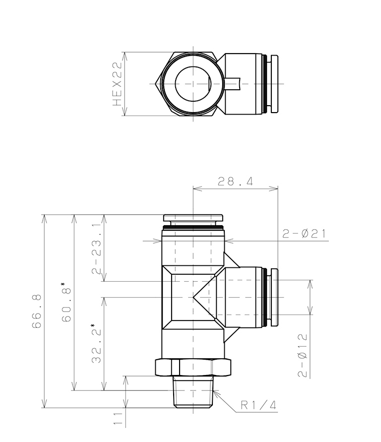 Bản vẽ kỹ thuật Đầu Nối Nhanh Khí Nén Dạng Chữ T Ren Ngoài Pisco PPD12-02-TP