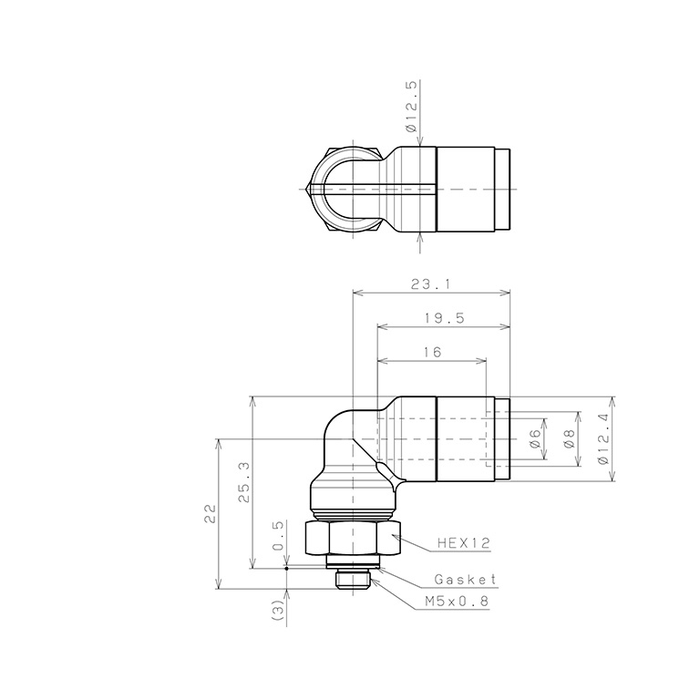 Bản vẽ kỹ thuật Đầu Nối Nhanh Khí Nén Dạng Cong 90° Ren Ngoài Pisco KL6-M5