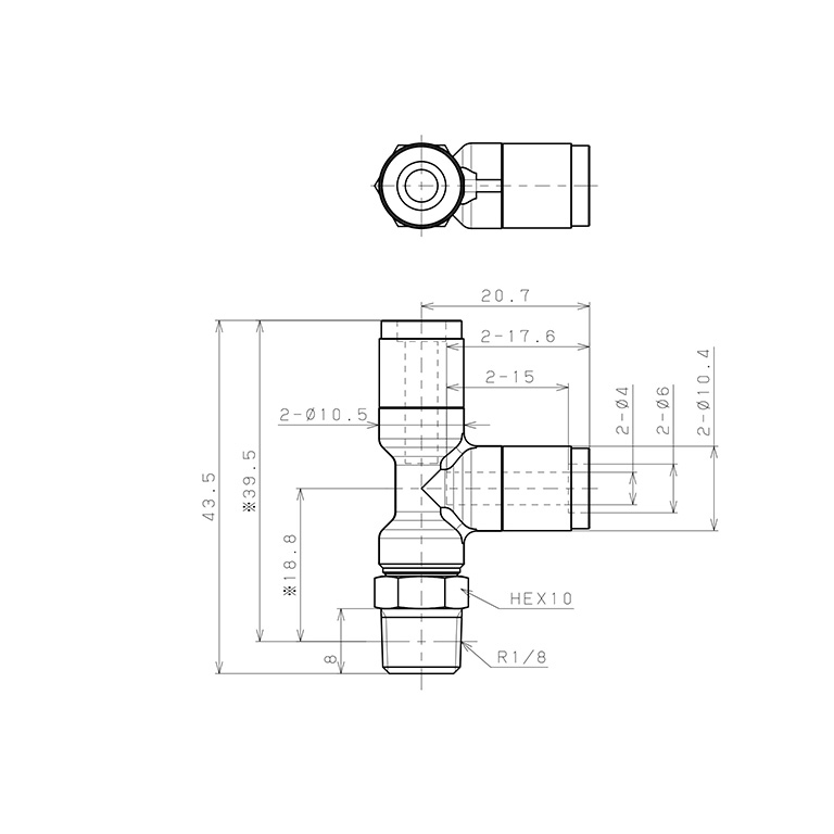 Bản vẽ kỹ thuật Đầu Nối Nhanh Khí Nén Dạng Chữ T Ren Ngoài Pisco KD4-01