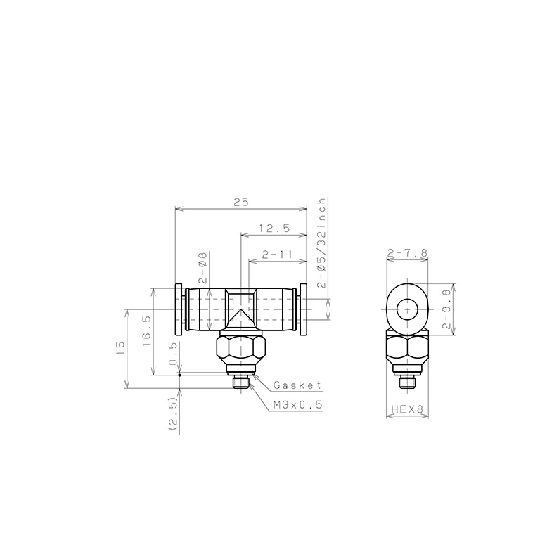 Bản vẽ kỹ thuật Đầu Nối Nhanh Khí Nén Dạng Chữ T Ren Ngoài Pisco PB5/32-M3M