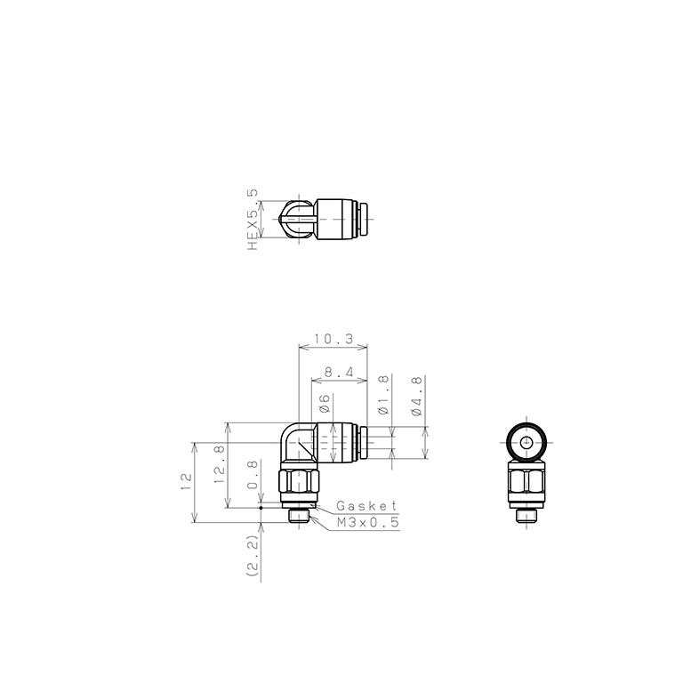 Bản vẽ kỹ thuật Đầu Nối Nhanh Khí Nén Dạng Cong 90° Ren Ngoài Pisco PL180-M3M-C