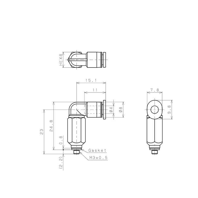 Bản vẽ kỹ thuật Đầu Nối Nhanh Khí Nén Dạng Cong 90° Ren Ngoài (Dài) Pisco PLL4-M3M-C