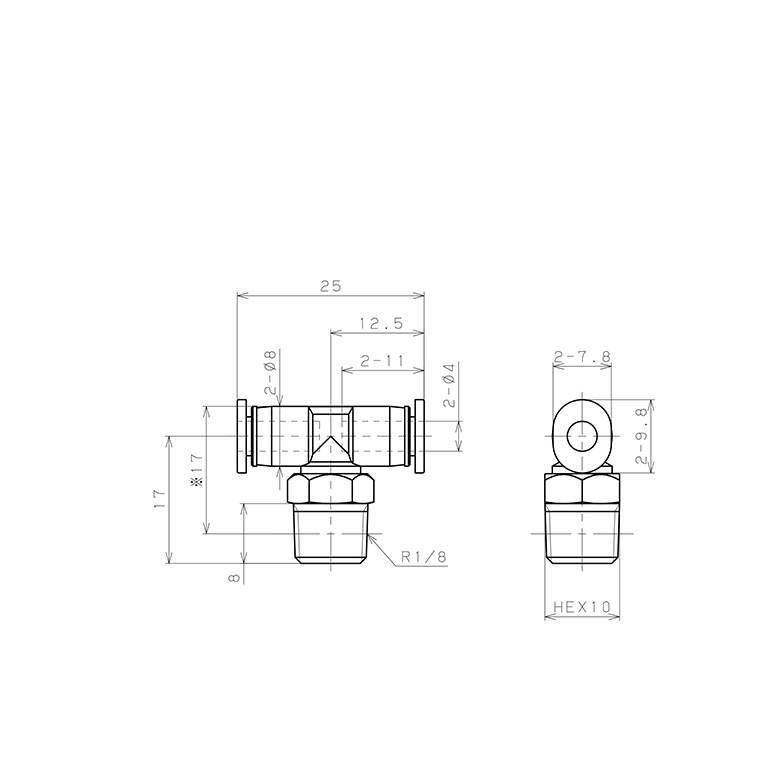 Bản vẽ kỹ thuật Đầu Nối Nhanh Khí Nén Dạng Chữ T Ren Ngoài Pisco PB4-01M-C