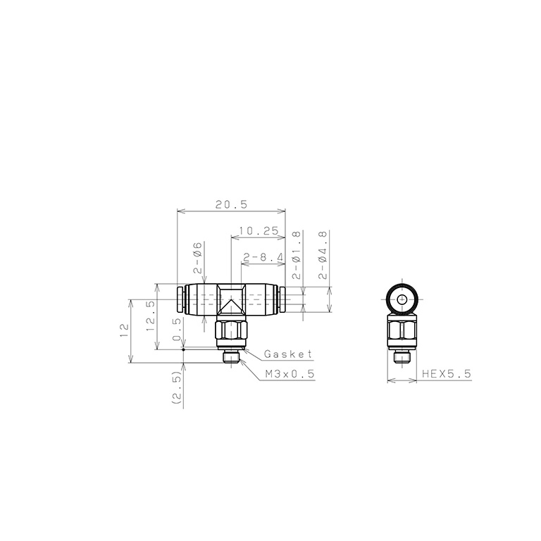 Bản vẽ kỹ thuật Đầu Nối Nhanh Khí Nén Dạng Chữ T Ren Ngoài Pisco PB180-M3MW