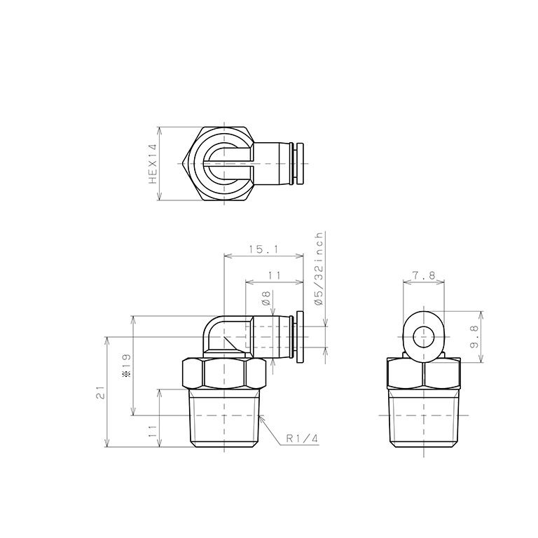 Bản vẽ kỹ thuật Đầu Nối Nhanh Khí Nén Dạng Cong 90° Ren Ngoài Pisco PL5/32-02M