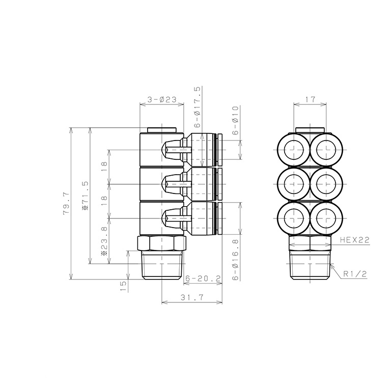 Bản vẽ kỹ thuật Đầu Nối Nhanh Khí Nén Sáu Nhánh Cong 90° Thân Lục Giác Trụ Ren Ngoài Pisco PAT10-04-C