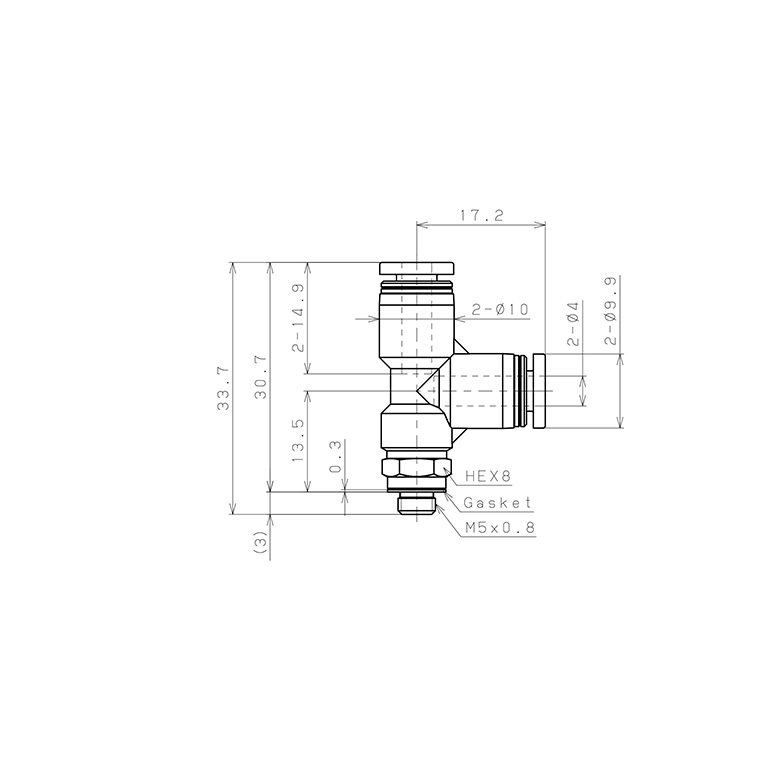 Bản vẽ kỹ thuật Đầu Nối Nhanh Khí Nén Dạng Chữ T Ren Ngoài Pisco PD4-M5-C