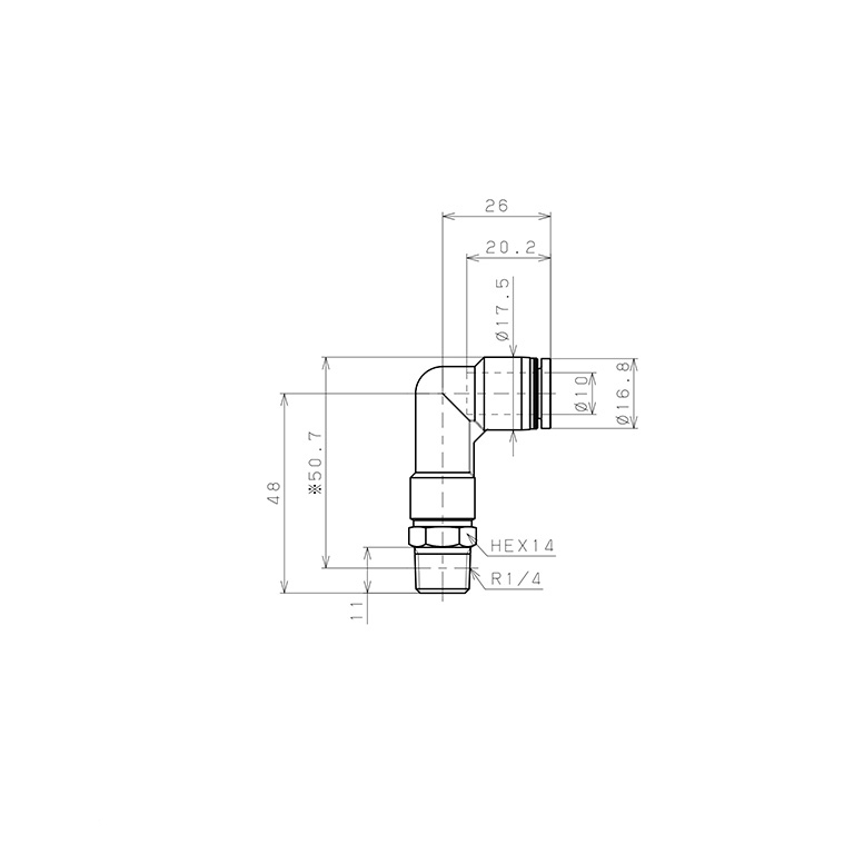 Bản vẽ kỹ thuật Đầu Nối Nhanh Khí Nén Dạng Cong 90° Ren Ngoài (Dài) Pisco PLL10-02W-C
