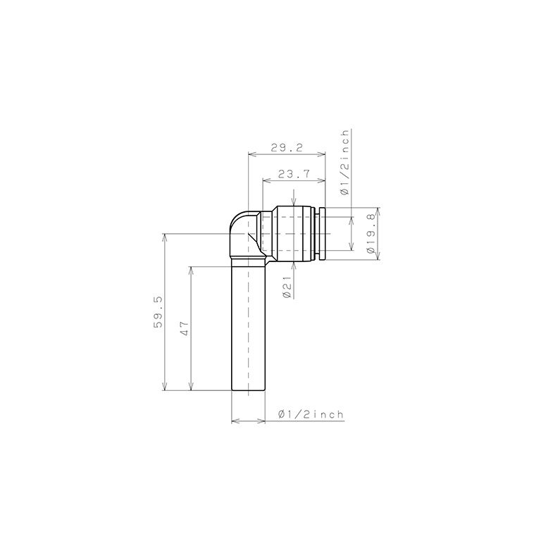 Bản vẽ kỹ thuật Đầu Nối Nhanh Khí Nén Giữa Ống Khí Và Fitting Dạng Cong 90° (Dài) Pisco PLLJ1/2