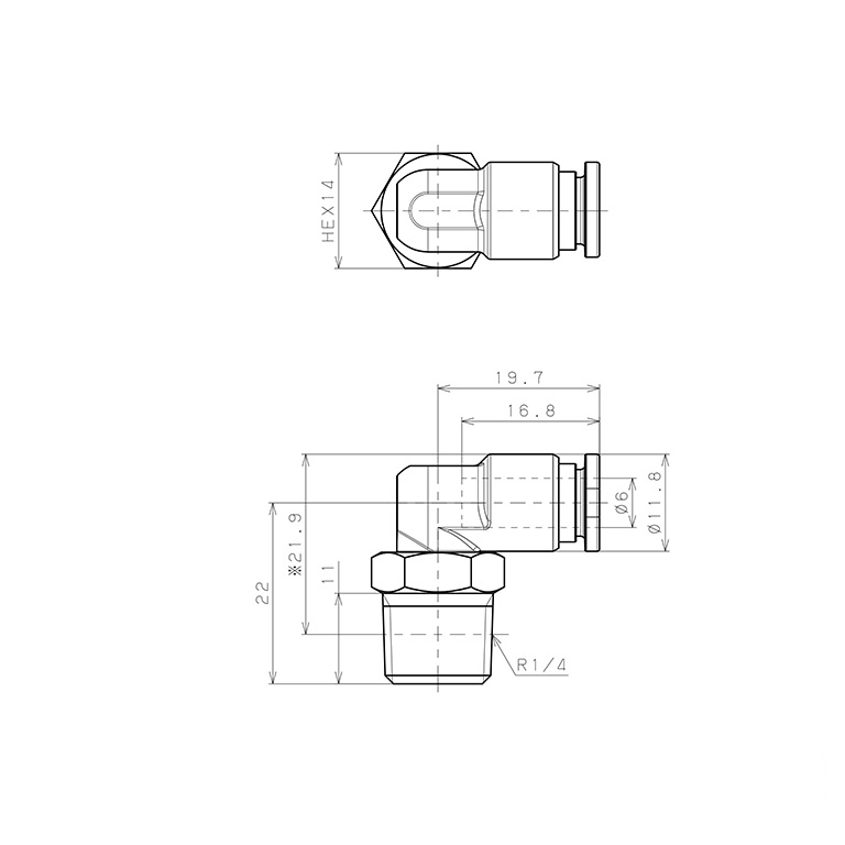 Bản vẽ kỹ thuật Đầu Nối Nhanh Khí Nén Dạng Cong 90° Ren Ngoài Pisco SSPL6-02-X-TP-C