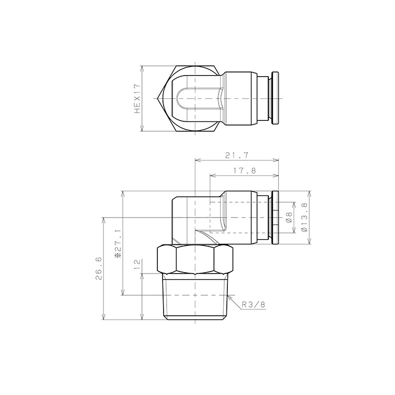 Bản vẽ kỹ thuật Đầu Nối Nhanh Khí Nén Dạng Cong 90° Ren Ngoài Pisco SSPL8-03-X