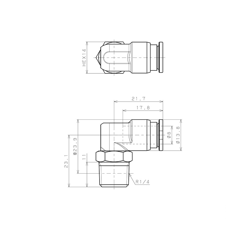 Bản vẽ kỹ thuật Đầu Nối Nhanh Khí Nén Dạng Cong 90° Ren Ngoài Pisco SSPL8-02-TP-C