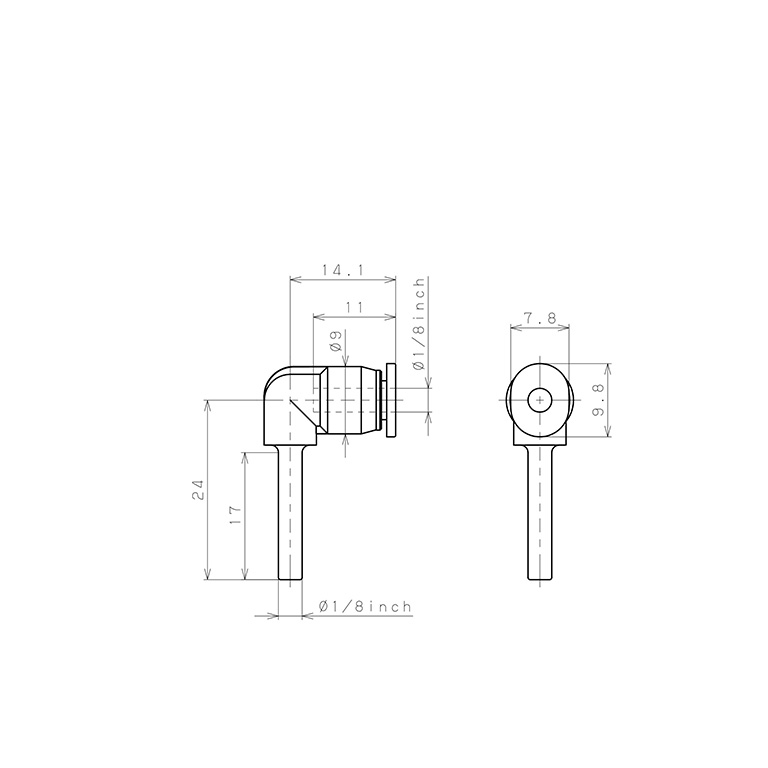 Bản vẽ kỹ thuật Đầu Nối Nhanh Khí Nén Giữa Ống Khí Và Fitting Dạng Cong 90° Pisco PLJ1/8M