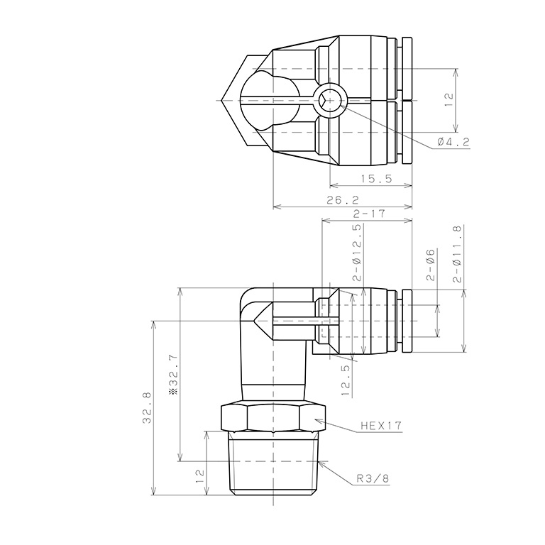 Bản vẽ kỹ thuật Đầu Nối Nhanh Khí Nén Hai Nhánh Cong 90° Ren Ngoài Pisco SPAX6-03