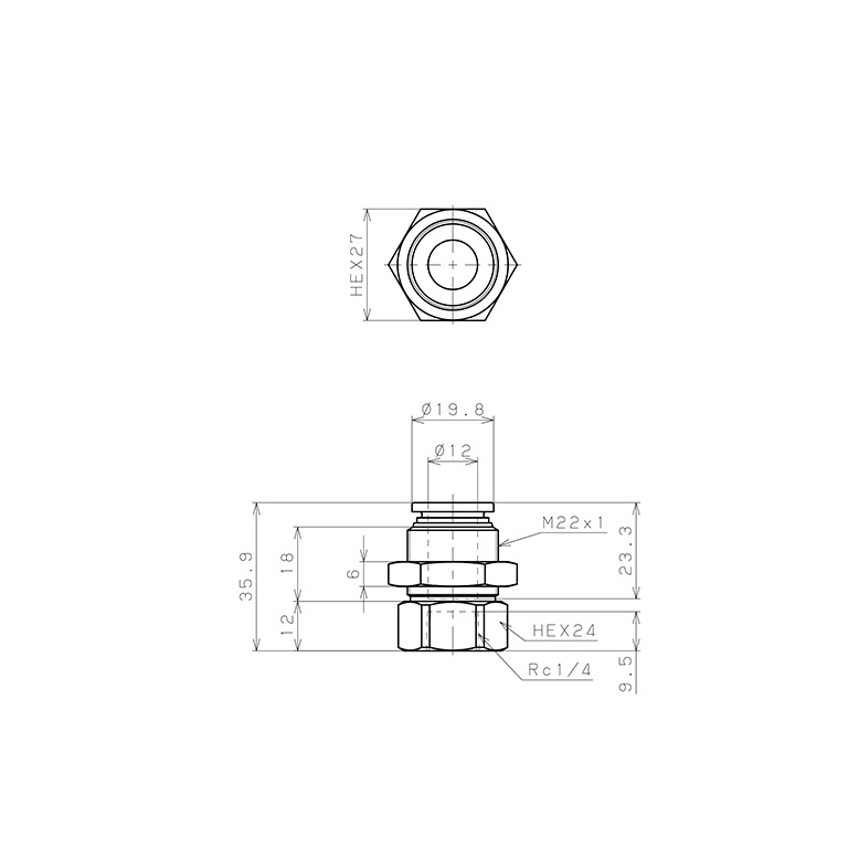 Bản vẽ kỹ thuật Đầu Nối Nhanh Khí Nén Dạng Thẳng Ren Trong Ngoài Pisco SPMF12-02