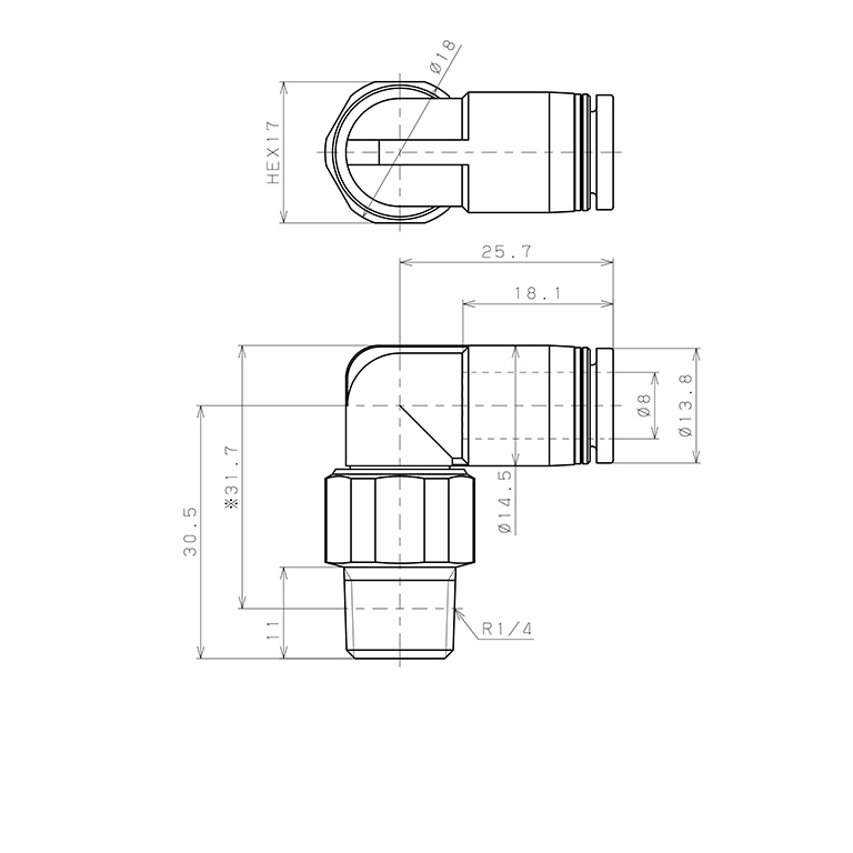 Bản vẽ kỹ thuật Đầu Nối Nhanh Khí Nén Dạng Cong 90° Ren Ngoài Có Khớp Xoay Pisco RL8-02