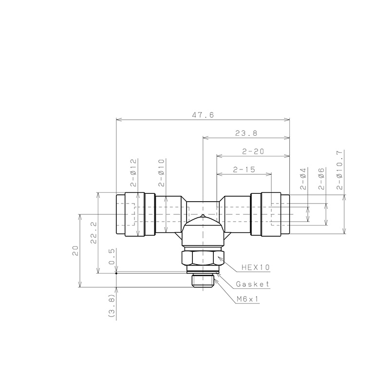 Bản vẽ kỹ thuật Đầu Nối Nhanh Khí Nén Dạng Chữ T Ren Ngoài Pisco PB4-M6V-0