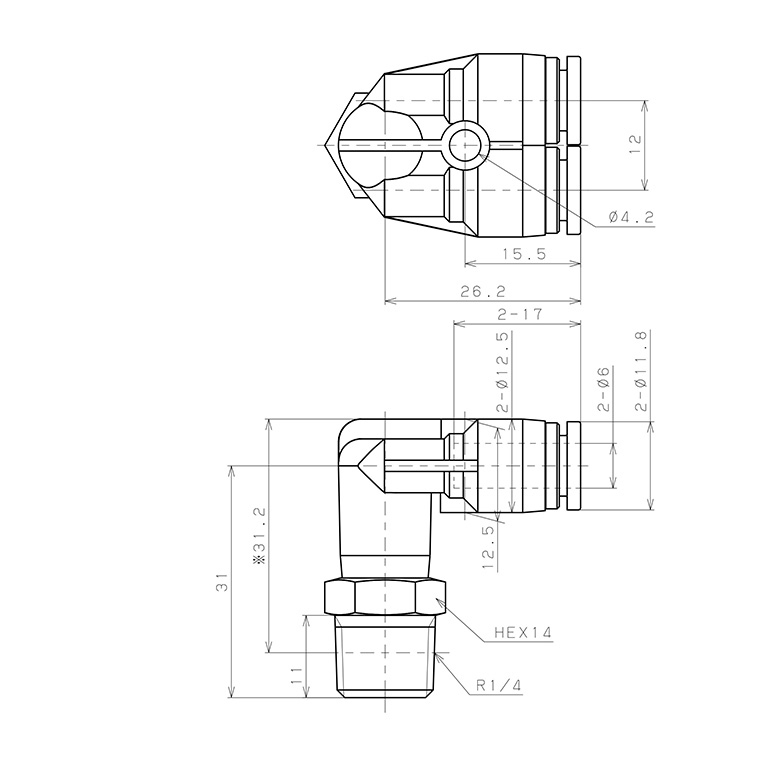 Bản vẽ kỹ thuật Đầu Nối Nhanh Khí Nén Hai Nhánh Cong 90° Ren Ngoài Pisco SPAX6-02