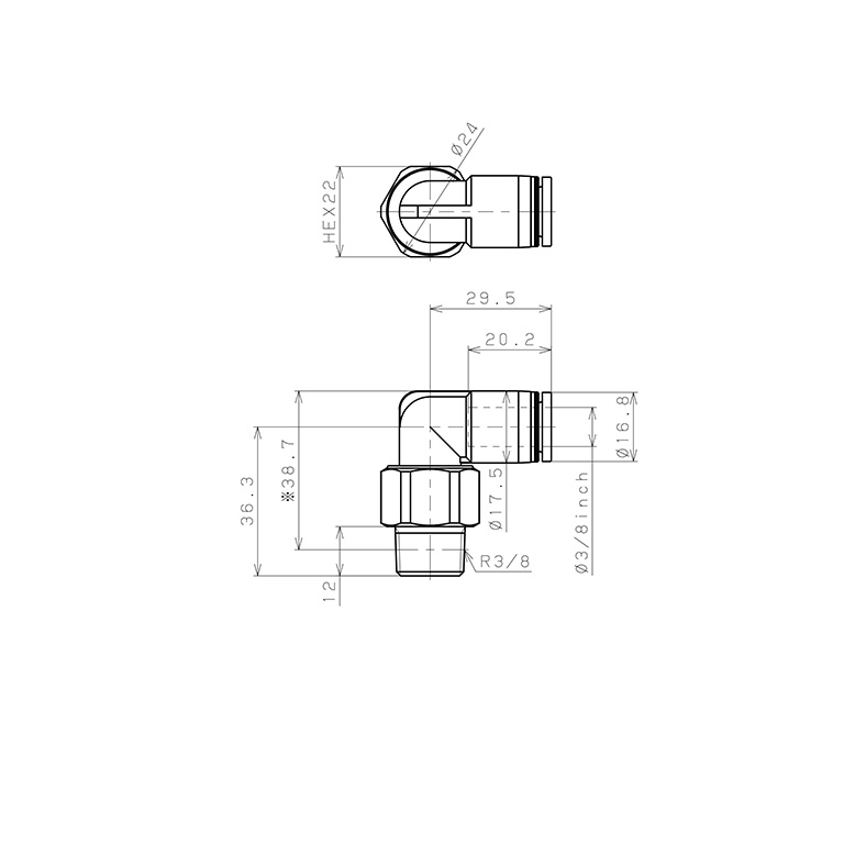 Bản vẽ kỹ thuật Đầu Nối Nhanh Khí Nén Dạng Cong 90° Ren Ngoài Có Khớp Xoay Pisco RL3/8-03
