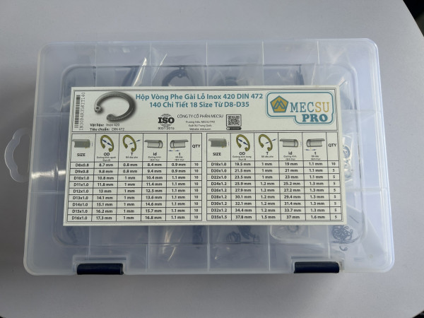 Hộp Vòng Phe Gài Lỗ Inox 420 DIN472 140 Chi Tiết 18 Size Từ D8-D35