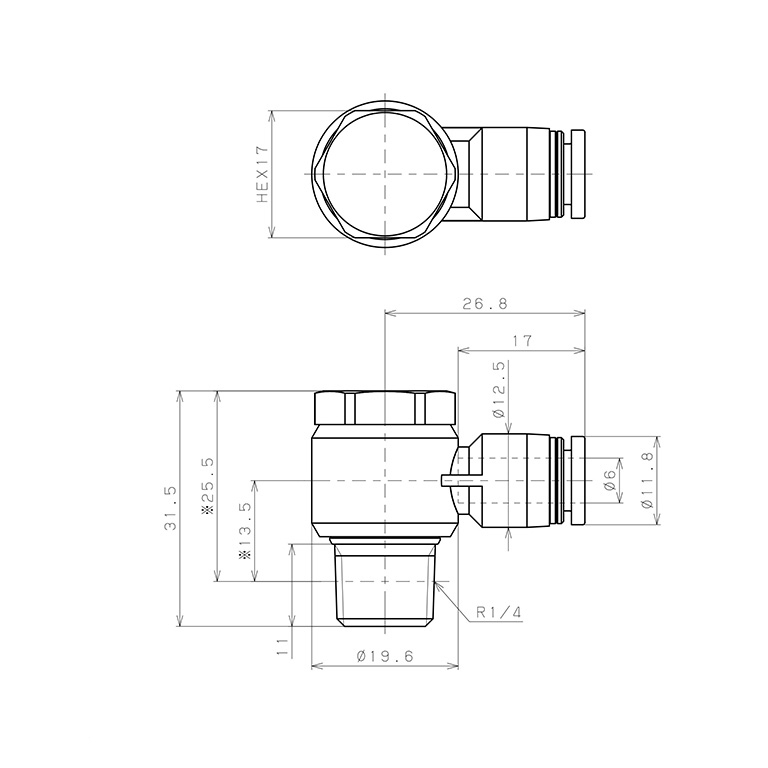 Bản vẽ kỹ thuật Đầu Nối Nhanh Khí Nén Cong 90° Đầu Lục Giác Trụ Ren Ngoài Pisco PH6-02W