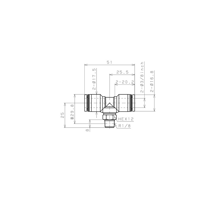 Bản vẽ kỹ thuật Đầu Nối Nhanh Khí Nén Dạng Chữ T Ren Ngoài Pisco PB3/8-01-C
