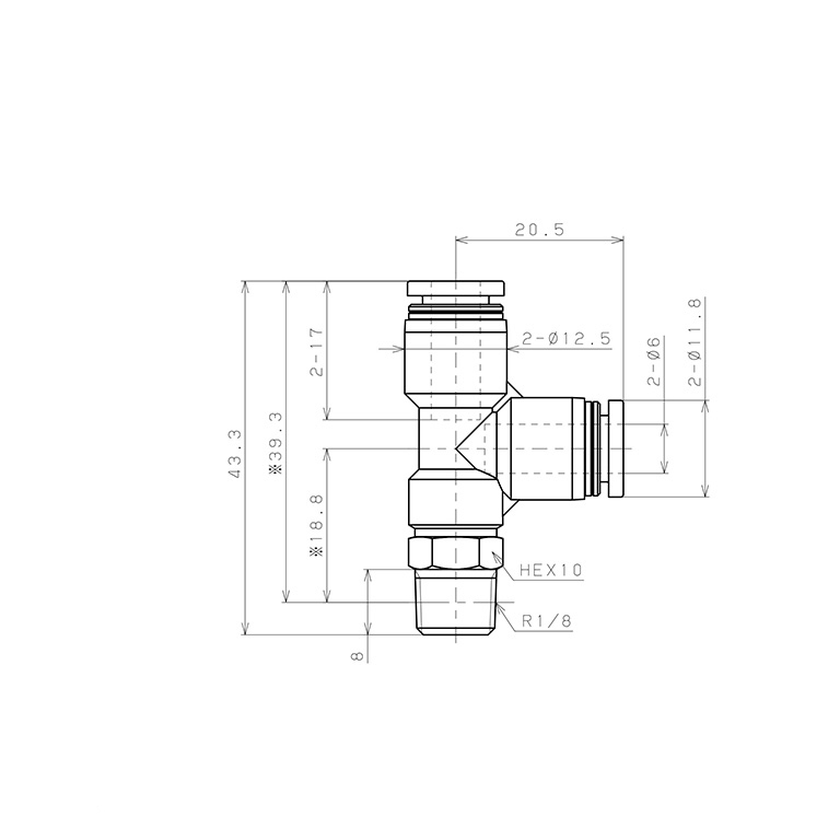 Bản vẽ kỹ thuật Đầu Nối Nhanh Khí Nén Dạng Chữ T Ren Ngoài Pisco PD6-01W-C