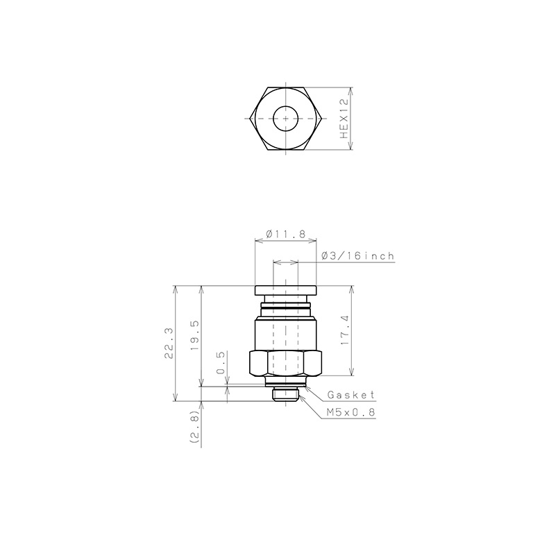 Bản vẽ kỹ thuật Đầu Nối Nhanh Khí Nén Dạng Thẳng Thân Lục Giác Ren Ngoài Pisco PC3/16-M5