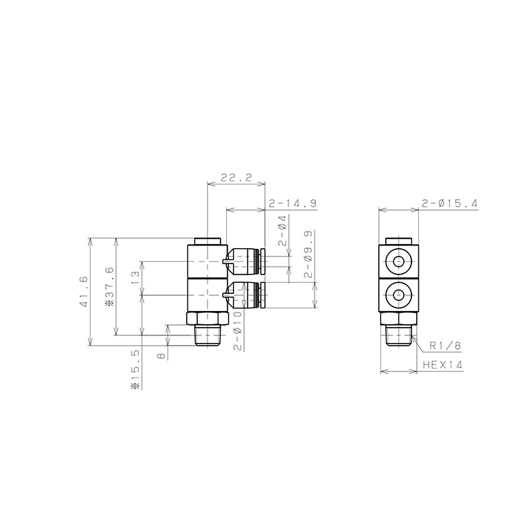 Bản vẽ kỹ thuật Đầu Nối Nhanh Khí Nén Hai Nhánh Cong 90° Thân Lục Giác Trụ Ren Ngoài Pisco PHW4-01W-C