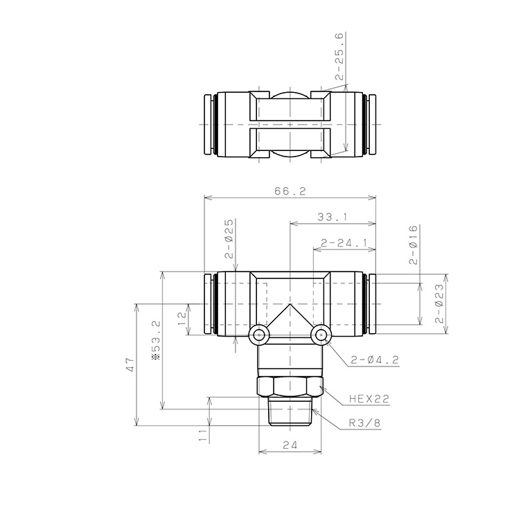 Bản vẽ kỹ thuật Đầu Nối Nhanh Khí Nén Dạng Chữ T Ren Ngoài Pisco PB16-03W-C