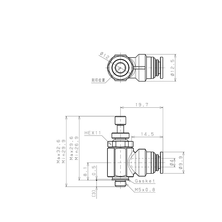 Bản vẽ kỹ thuật Van Tiết Lưu Khí Nén Bằng Đồng Mạ Niken Pisco KJSC4-M5A-1