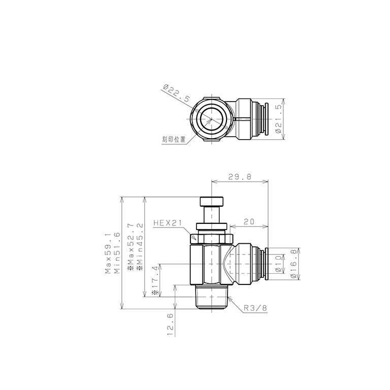 Bản vẽ kỹ thuật Van Tiết Lưu Khí Nén Bằng Đồng Mạ Niken Pisco KJSC10-03B-1-F