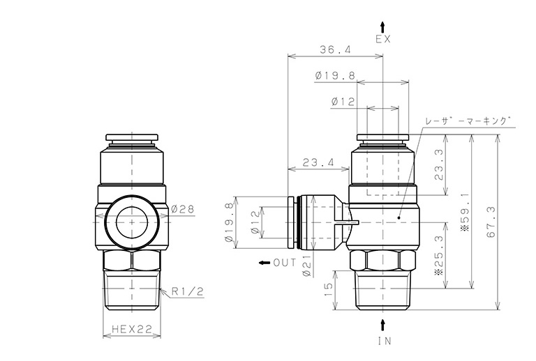 Bản vẽ kỹ thuật Van Xả Nhanh Khí Nén Pisco EQ03-P04C12C12