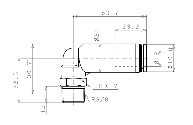 Bản vẽ kỹ thuật Đầu Nối Nhanh Khí Nén Dạng Cong 90° Ren Ngoài Có Van Tự Ngắt Pisco PSL12-03