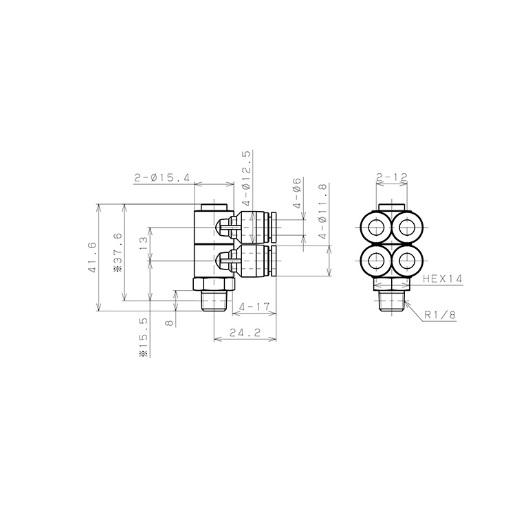 Bản vẽ kỹ thuật Đầu Nối Nhanh Khí Nén Bốn Nhánh Cong 90° Thân Lục Giác Trụ Ren Ngoài Pisco SPAW6-01