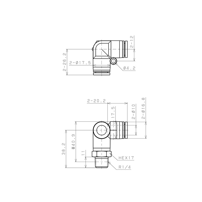 Bản vẽ kỹ thuật Đầu Nối Nhanh Khí Nén Hai Nhánh Chạc Ba Cong 90° Ren Ngoài Pisco SPVX10-02
