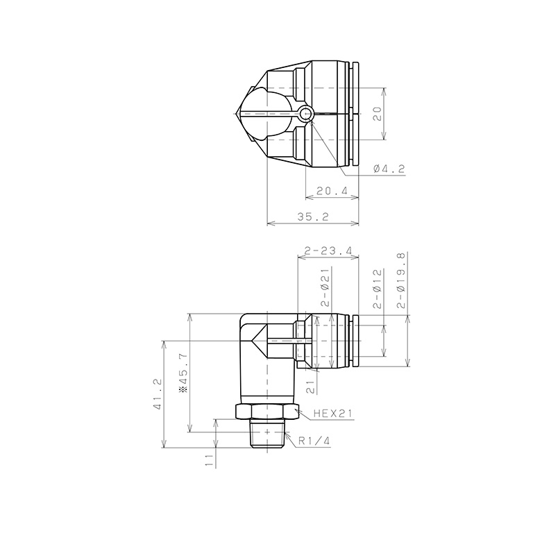 Bản vẽ kỹ thuật Đầu Nối Nhanh Khí Nén Hai Nhánh Cong 90° Ren Ngoài Pisco SPAX12-02