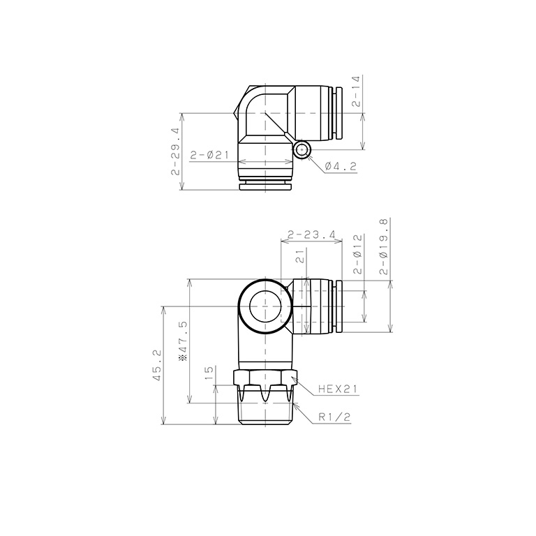 Bản vẽ kỹ thuật Đầu Nối Nhanh Khí Nén Hai Nhánh Chạc Ba Cong 90° Ren Ngoài Pisco SPVX12-04