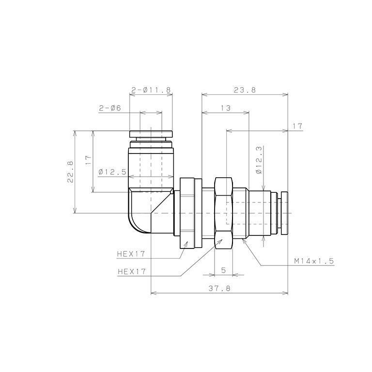 Bản vẽ kỹ thuật Đầu Nối Nhanh Khí Nén Cong 90° Ren Ngoài Lắp Kẹp Vách Pisco SPML6-UC