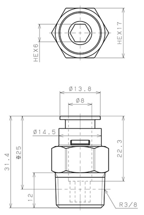 Bản vẽ kỹ thuật Đầu Nối Nhanh Khí Nén Dạng Thẳng Thân Lục Giác Ren Ngoài Pisco APC8-03-E