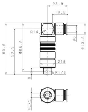 Bản vẽ kỹ thuật Bộ Đầu Ngạnh Nối Ống Dẫn Điều Khiển Nhiệt Độ Khuôn Đúc Dạng Cong 90°, Có Van Tự Ngắt Pisco ASL10-801