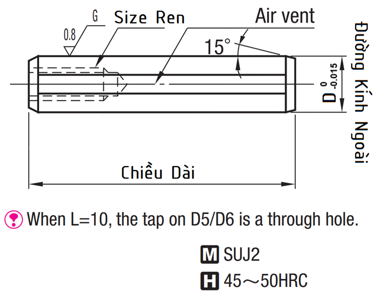 Bản vẽ kỹ thuật Chốt Định Vị Ren Trong Thép SUJ2 D10x15 MSTH10-15 (h7)