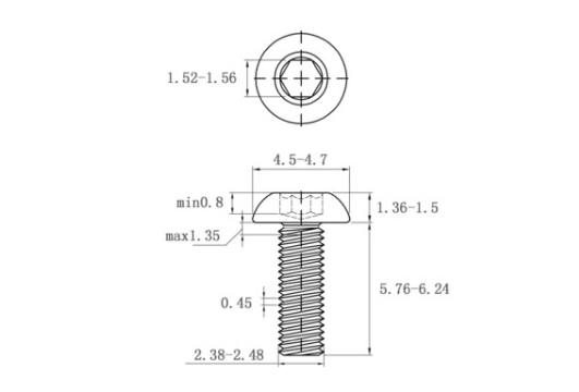 Bản vẽ kỹ thuật Lục Giác Chìm Mo Thép Đen 10.9 ISO7380 M2.5x6
