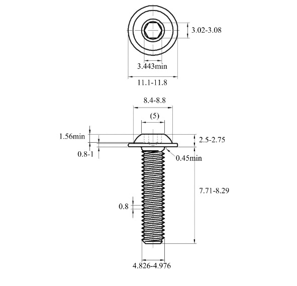 Bản vẽ kỹ thuật Lục Giác Chìm Mo Thép Mạ Kẽm Trắng Cr3+ 10.9 ISO7380-2 M5x8